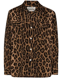 Мужская коричневая рубашка с длинным рукавом с леопардовым принтом от Wacko Maria