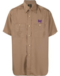 Мужская коричневая рубашка с коротким рукавом с вышивкой от Needles