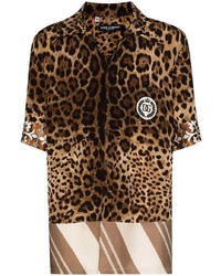 Мужская коричневая рубашка с коротким рукавом с леопардовым принтом от Dolce & Gabbana