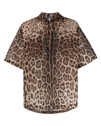Мужская коричневая рубашка с коротким рукавом с леопардовым принтом от Dolce & Gabbana