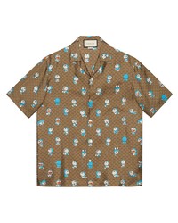 Мужская коричневая рубашка с коротким рукавом с принтом от Gucci