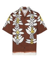Мужская коричневая рубашка с коротким рукавом с цветочным принтом от Prada