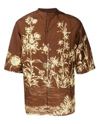 Мужская коричневая рубашка с коротким рукавом с цветочным принтом от Salvatore Ferragamo