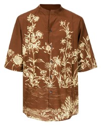 Мужская коричневая рубашка с коротким рукавом с цветочным принтом от Salvatore Ferragamo