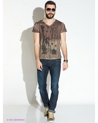 Мужская коричневая футболка с v-образным вырезом с принтом от Gaudi'