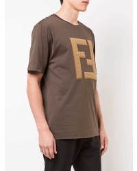 Мужская коричневая футболка с круглым вырезом с вышивкой от Fendi