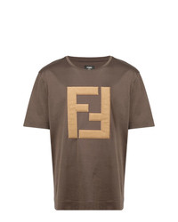 Мужская коричневая футболка с круглым вырезом с вышивкой от Fendi