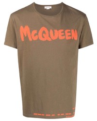 Мужская коричневая футболка с круглым вырезом с принтом от Alexander McQueen