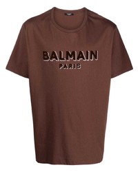 Мужская коричневая футболка с круглым вырезом с принтом от Balmain