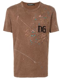 Мужская коричневая футболка с круглым вырезом с принтом от Dolce & Gabbana