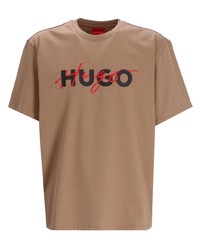 Мужская коричневая футболка с круглым вырезом с принтом от Hugo