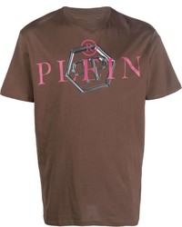 Мужская коричневая футболка с круглым вырезом с принтом от Philipp Plein