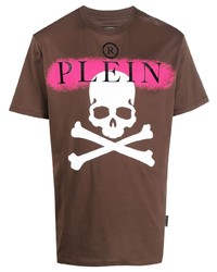 Мужская коричневая футболка с круглым вырезом с принтом от Philipp Plein