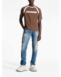 Мужская коричневая футболка с круглым вырезом с принтом от Balmain