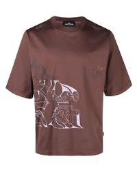 Мужская коричневая футболка с круглым вырезом с принтом от Stone Island Shadow Project
