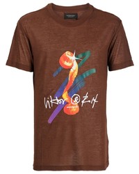 Мужская коричневая футболка с круглым вырезом с принтом от Viktor & Rolf