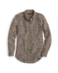 Коричневая шелковая классическая рубашка с леопардовым принтом