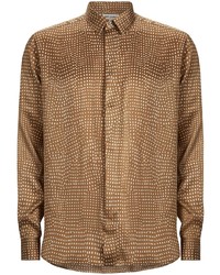 Мужская коричневая шелковая рубашка с длинным рукавом в горошек от Saint Laurent