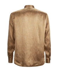 Мужская коричневая шелковая рубашка с длинным рукавом в горошек от Saint Laurent