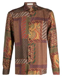 Мужская коричневая шелковая рубашка с длинным рукавом в стиле пэчворк от Etro