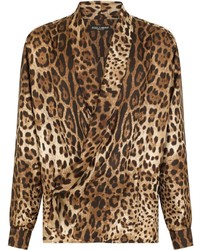 Мужская коричневая шелковая рубашка с длинным рукавом с леопардовым принтом от Dolce & Gabbana