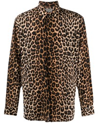 Мужская коричневая шелковая рубашка с длинным рукавом с леопардовым принтом от Saint Laurent