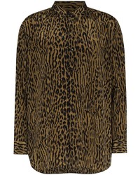 Мужская коричневая шелковая рубашка с длинным рукавом с леопардовым принтом от Saint Laurent