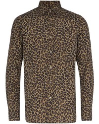Мужская коричневая шелковая рубашка с длинным рукавом с леопардовым принтом от Tom Ford