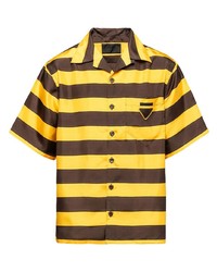 Мужская коричневая шелковая рубашка с коротким рукавом в вертикальную полоску от Prada