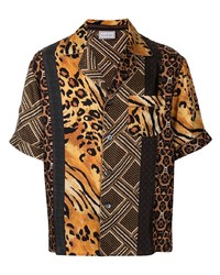 Коричневая шелковая рубашка с коротким рукавом с леопардовым принтом