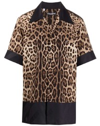Мужская коричневая шелковая рубашка с коротким рукавом с леопардовым принтом от Dolce & Gabbana