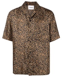 Мужская коричневая шелковая рубашка с коротким рукавом с леопардовым принтом от Nanushka