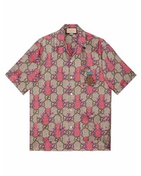 Мужская коричневая шелковая рубашка с коротким рукавом с принтом от Gucci