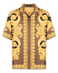 Мужская коричневая шелковая рубашка с коротким рукавом с принтом от Versace