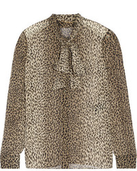 Женская коричневая шелковая рубашка с леопардовым принтом от Saint Laurent