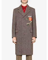 Коричневое длинное пальто с цветочным принтом от Gucci