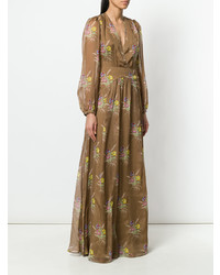 Коричневое кружевное вечернее платье с цветочным принтом от N°21