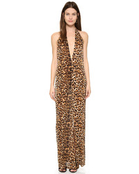 Коричневое платье-макси с леопардовым принтом