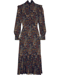Коричневое платье-миди с рюшами от Saint Laurent