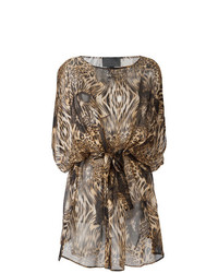 Коричневое платье прямого кроя с леопардовым принтом от Philipp Plein