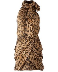 Коричневое платье-футляр с леопардовым принтом от Balmain