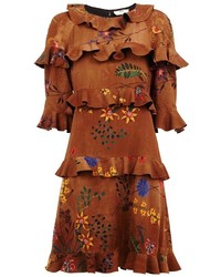 Коричневое шелковое платье с вышивкой от Fendi
