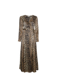 Коричневое шелковое платье с запахом с леопардовым принтом от Ganni