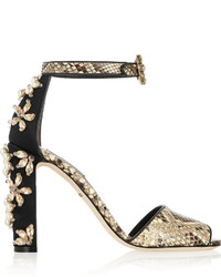Коричневые кожаные босоножки на каблуке со змеиным рисунком от Dolce & Gabbana