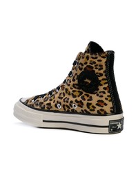 Мужские коричневые кожаные высокие кеды с леопардовым принтом от Converse