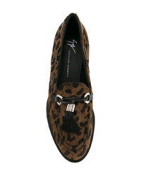 Женские коричневые кожаные лоферы с кисточками с леопардовым принтом от Giuseppe Zanotti Design