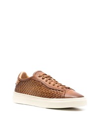 Мужские коричневые кожаные плетеные низкие кеды от Santoni