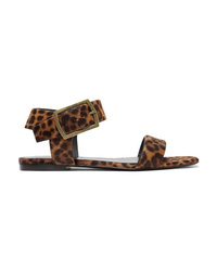 Коричневые кожаные сандалии на плоской подошве с леопардовым принтом