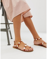 Коричневые кожаные сандалии на плоской подошве с украшением от ASOS DESIGN