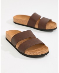 Коричневые кожаные сандалии на плоской подошве от Monki
